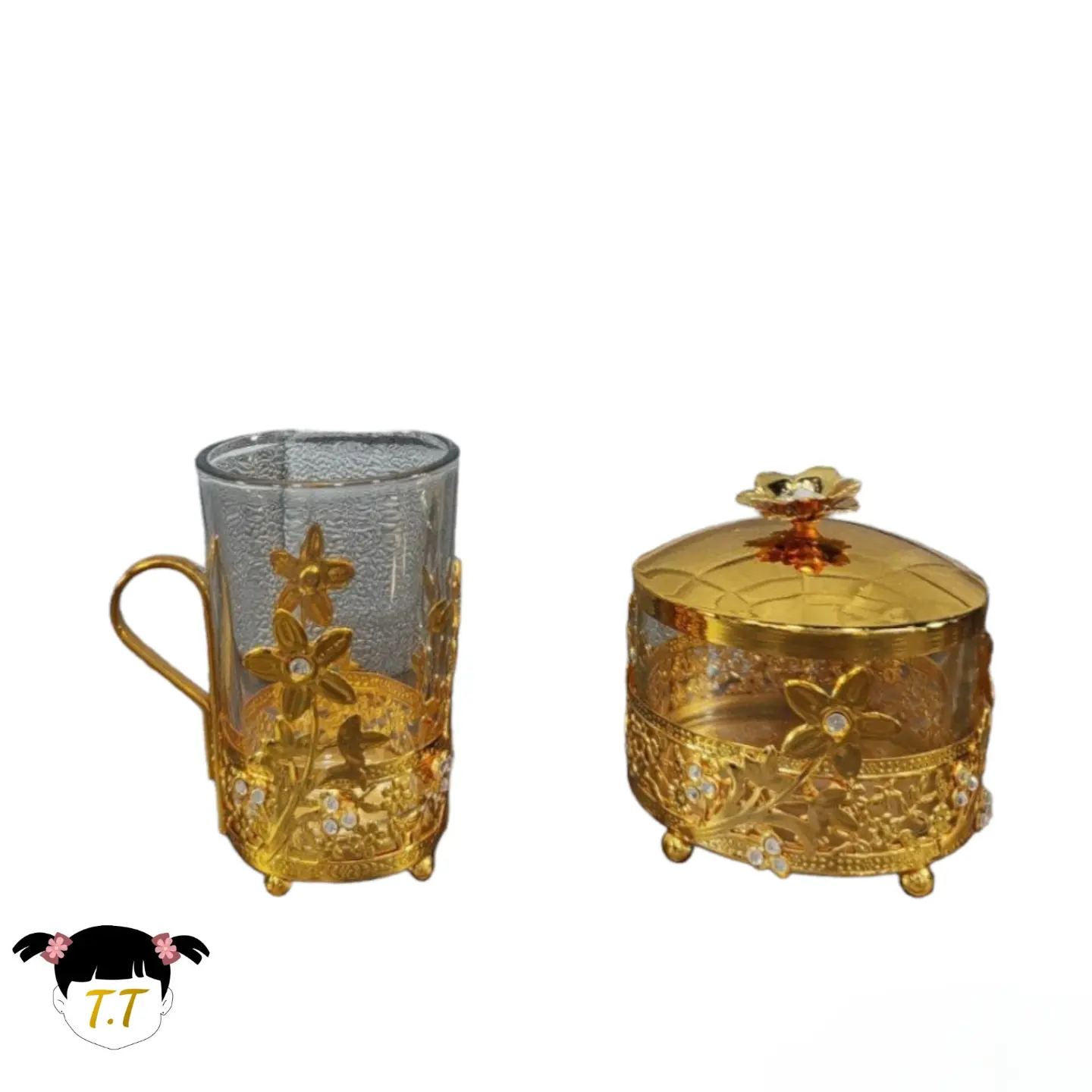 ست قندان و لیوان چای خوری پایه دار طلایی کد1810_1811
