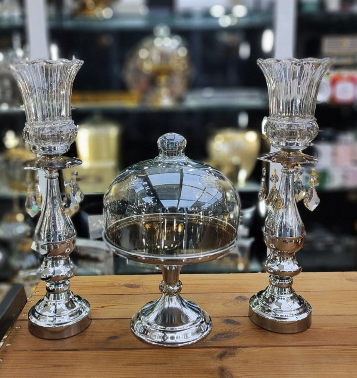 شمعدان و کاپ کیک پایه دار فلزی رنگ سیلور