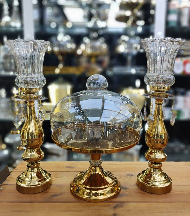 شمعدان و کاپ کیک پایه دار فلزی رنگ طلایی