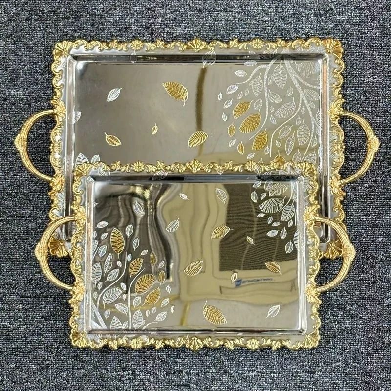 ست سینی پذیرایی استیل مستطیل دسته دار طلایی سیلور وارداتی کد6902