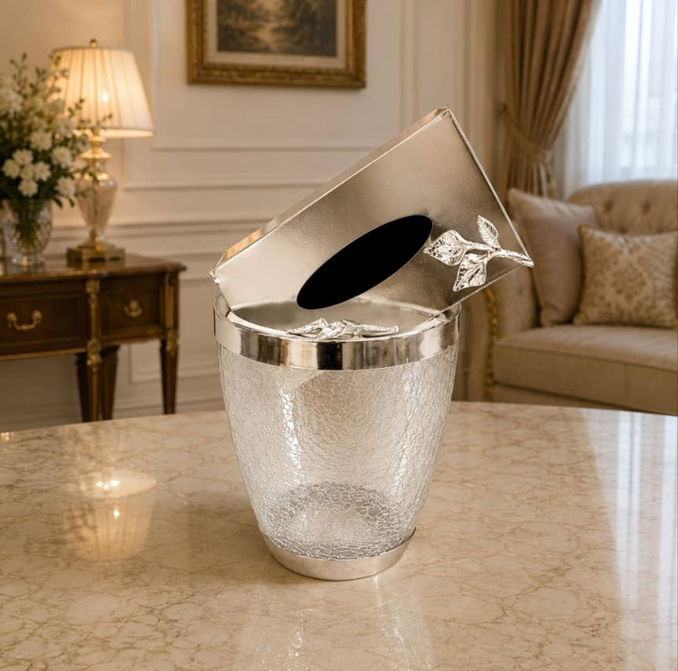 ست سطل و دستمال کاغذی فلزی شیشه ای طرح گلبرگ کد40982