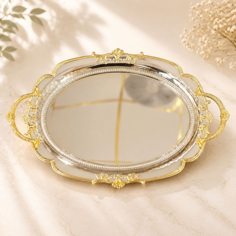 سینی پذیرایی دسته دار استیل سیلور طلایی وارداتی کد6913(دارای انتخاب سایز)