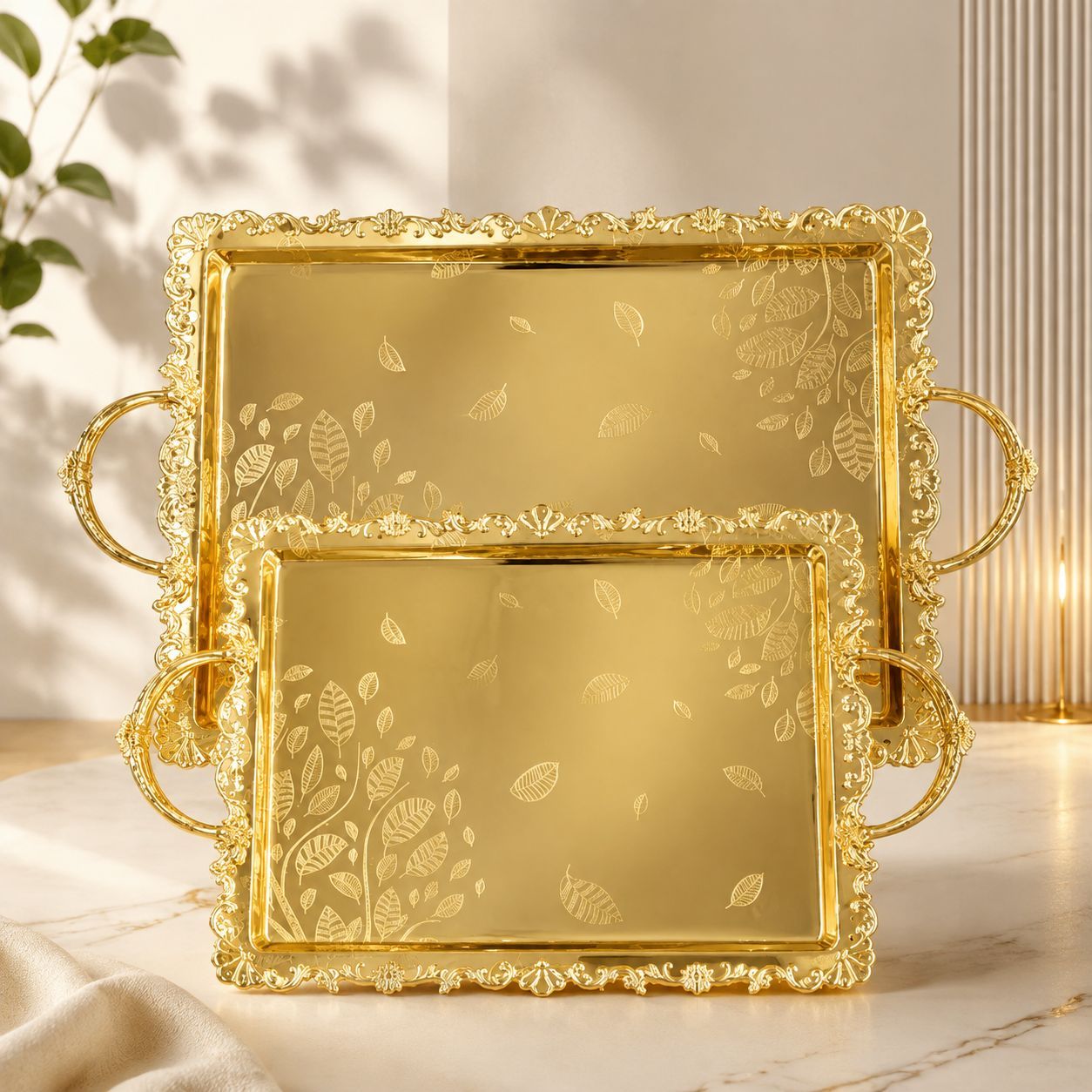 ست سینی پذیرایی مستطیل دسته دار استیل طلایی گلدار وارداتی کد6901