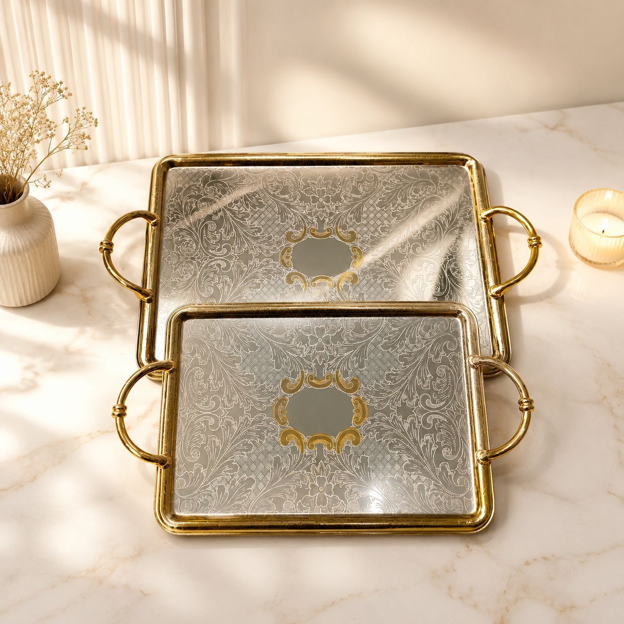 سینی پذیرایی مستطیل دسته دار استیل طلایی سیلور گلدار وارداتی(دارای انتخاب سایز) کد6926