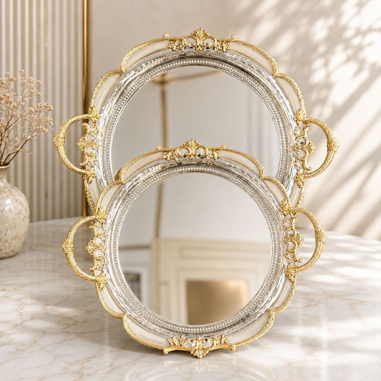 سینی پذیرایی گرد دسته دار استیل سیلور طلایی وارداتی کد6924(دارای انتخاب سایز)