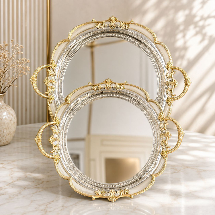 سینی پذیرایی گرد دسته دار استیل سیلور طلایی وارداتی کد6924(دارای انتخاب سایز)