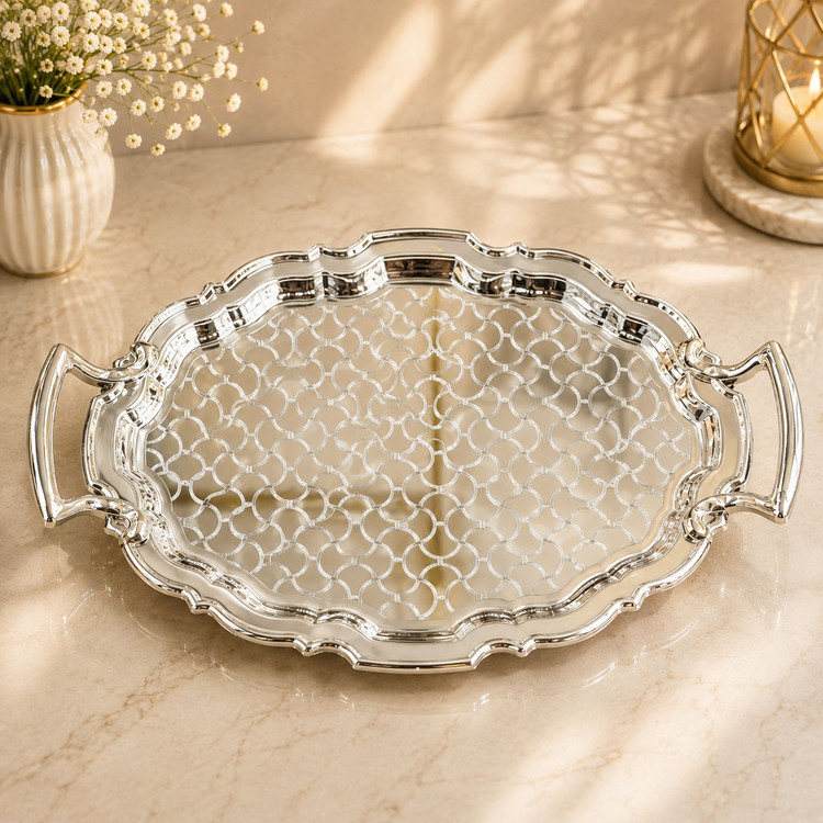 سینی پذیرایی استیل وارداتی رنگبندی سیلور _طلایی کد6915-6905