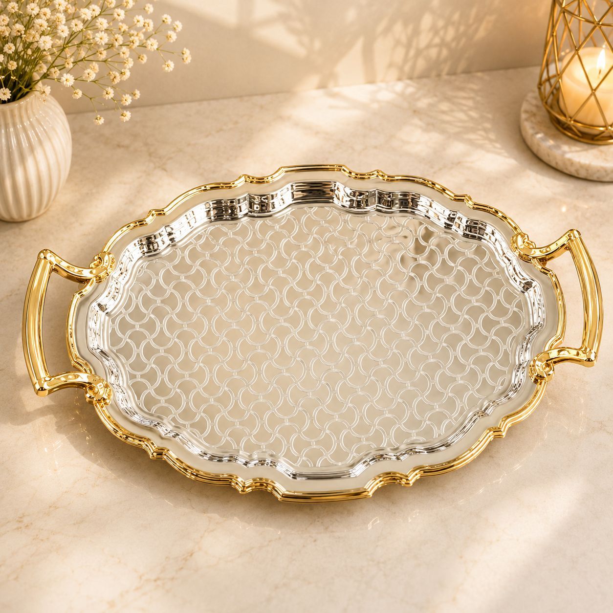 سینی پذیرایی استیل وارداتی رنگبندی سیلور _طلایی کد6915-6905