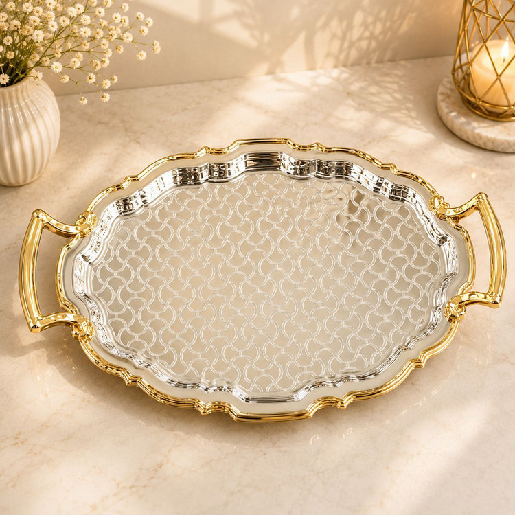 سینی پذیرایی استیل وارداتی رنگبندی سیلور _طلایی کد6915-6905