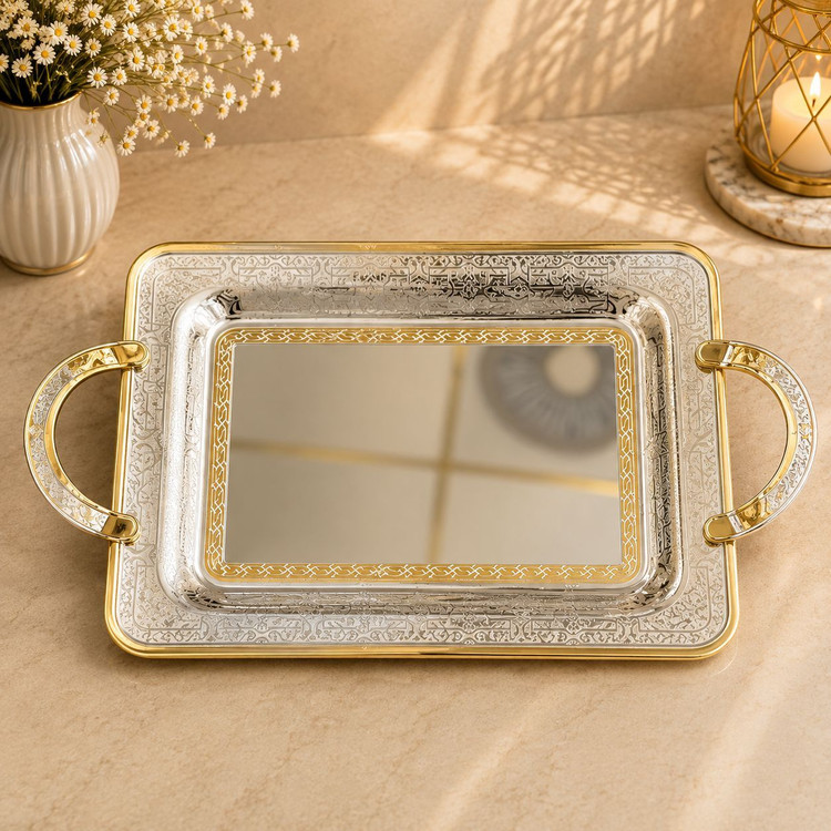 سینی پذیرایی دسته دار استیل سیلور طلایی وارداتی(دارای انتخاب سایز) کد6930