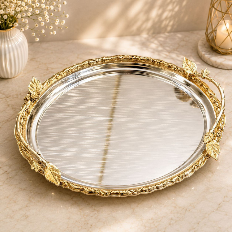 سینی پذیرایی استیل وارداتی رنگبندی سیلور _طلایی کد4803/4802