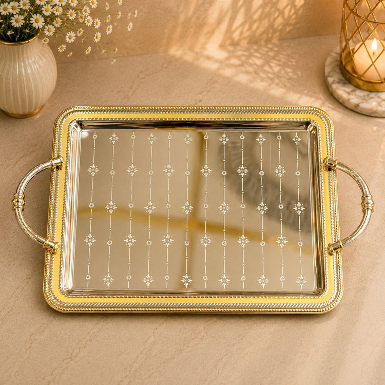 سینی پذیرایی دسته دار استیل سیلور طلایی وارداتی کد6925 (دارای انتخاب سایز)