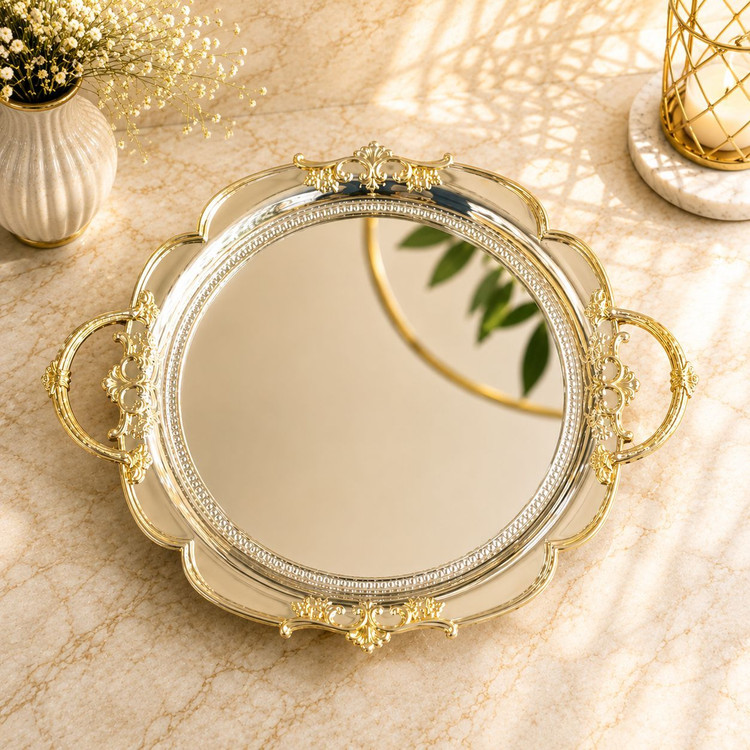 سینی پذیرایی گرد دسته دار استیل سیلور طلایی وارداتی کد6924(دارای انتخاب سایز)