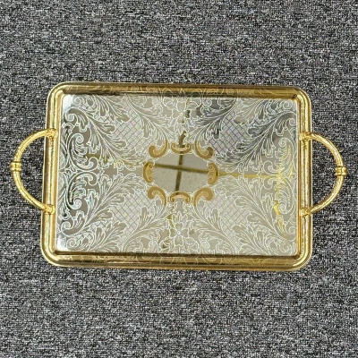 سینی پذیرایی مستطیل دسته دار استیل طلایی سیلور گلدار وارداتی(دارای انتخاب سایز) کد6926
