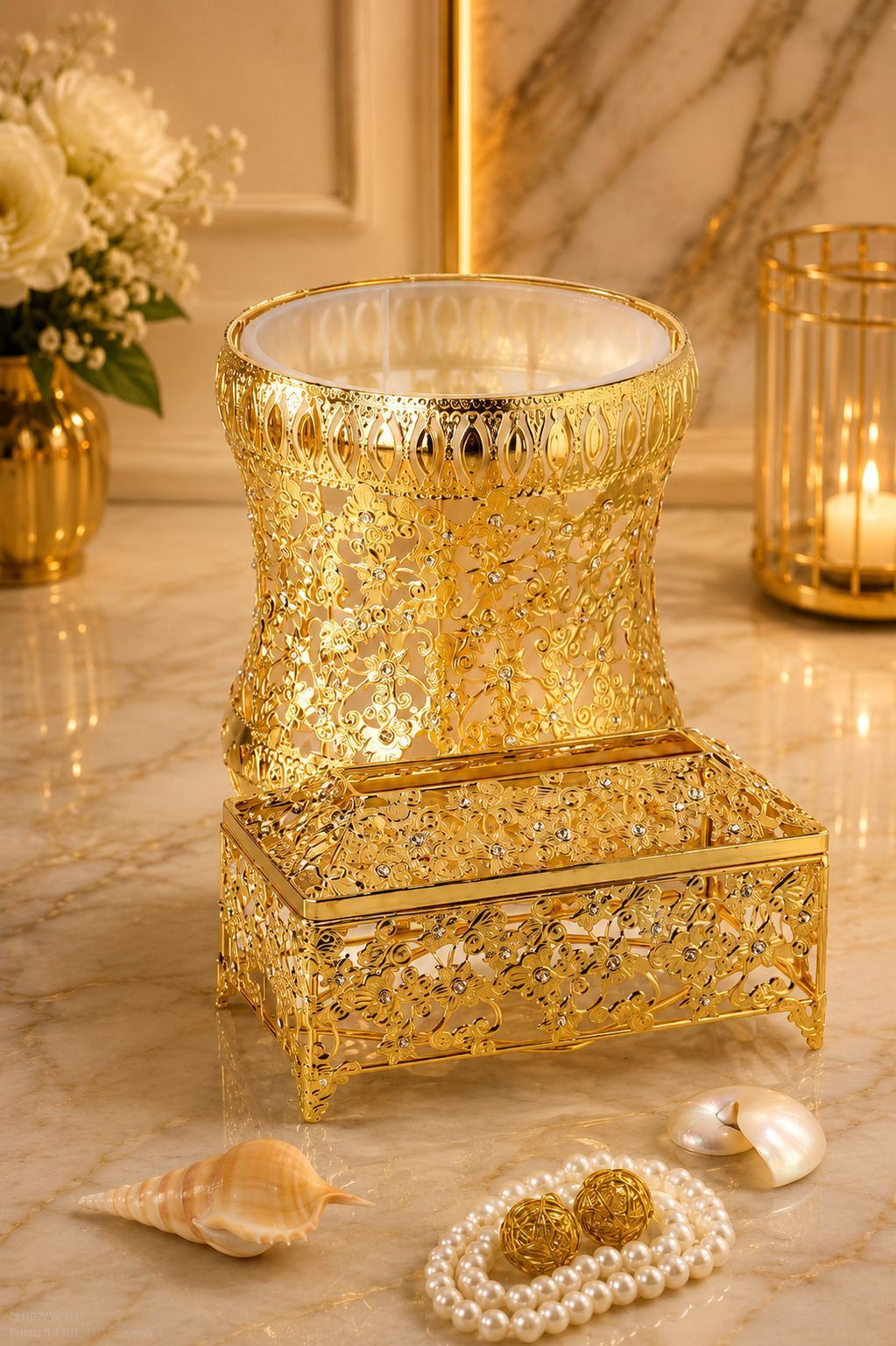 ست سطل و دستمال کاغذی فلزی نگین کوب طرح عربی کد1535