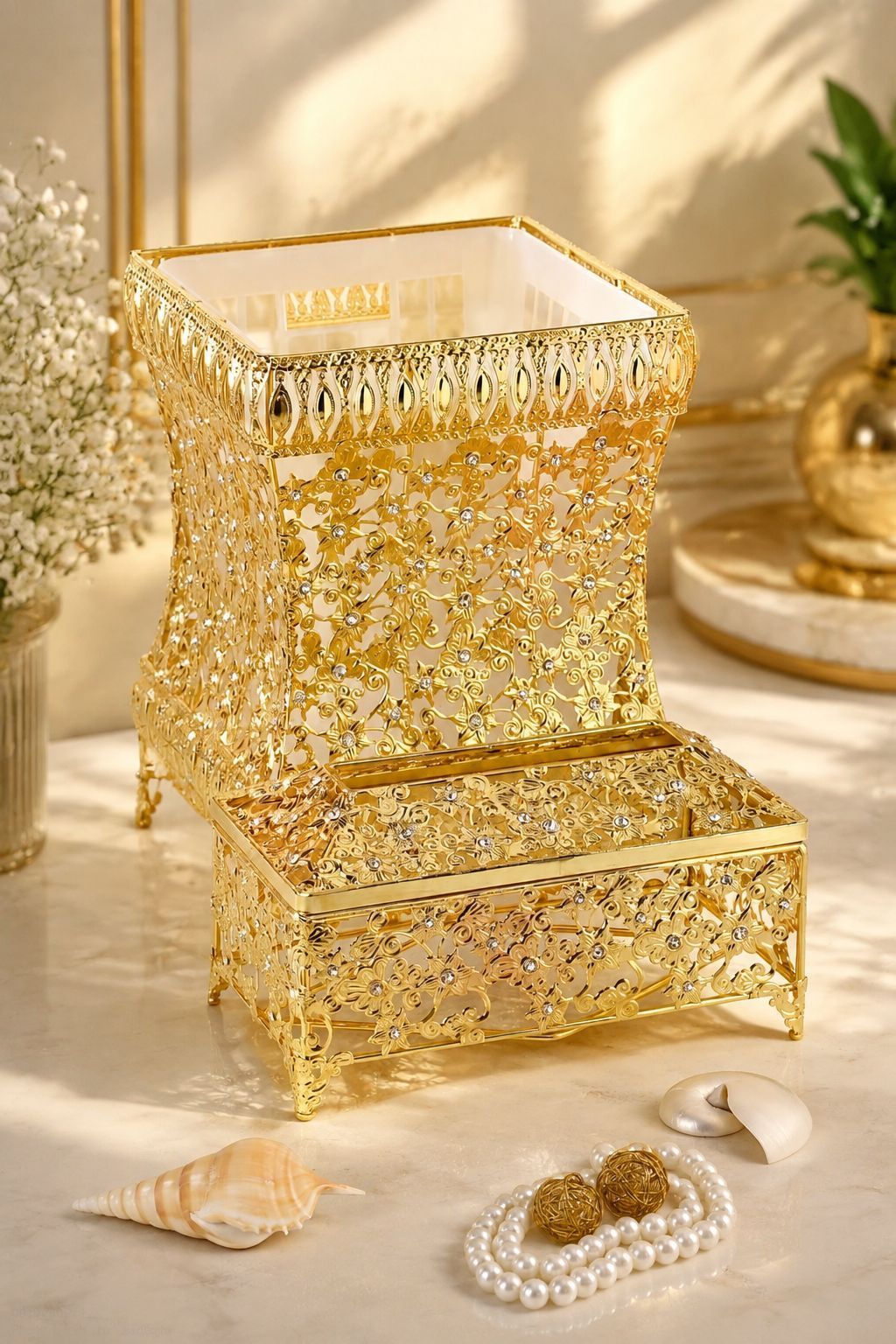 ست سطل و دستمال کاغذی فلزی نگین کوب طرح عربی کد1536