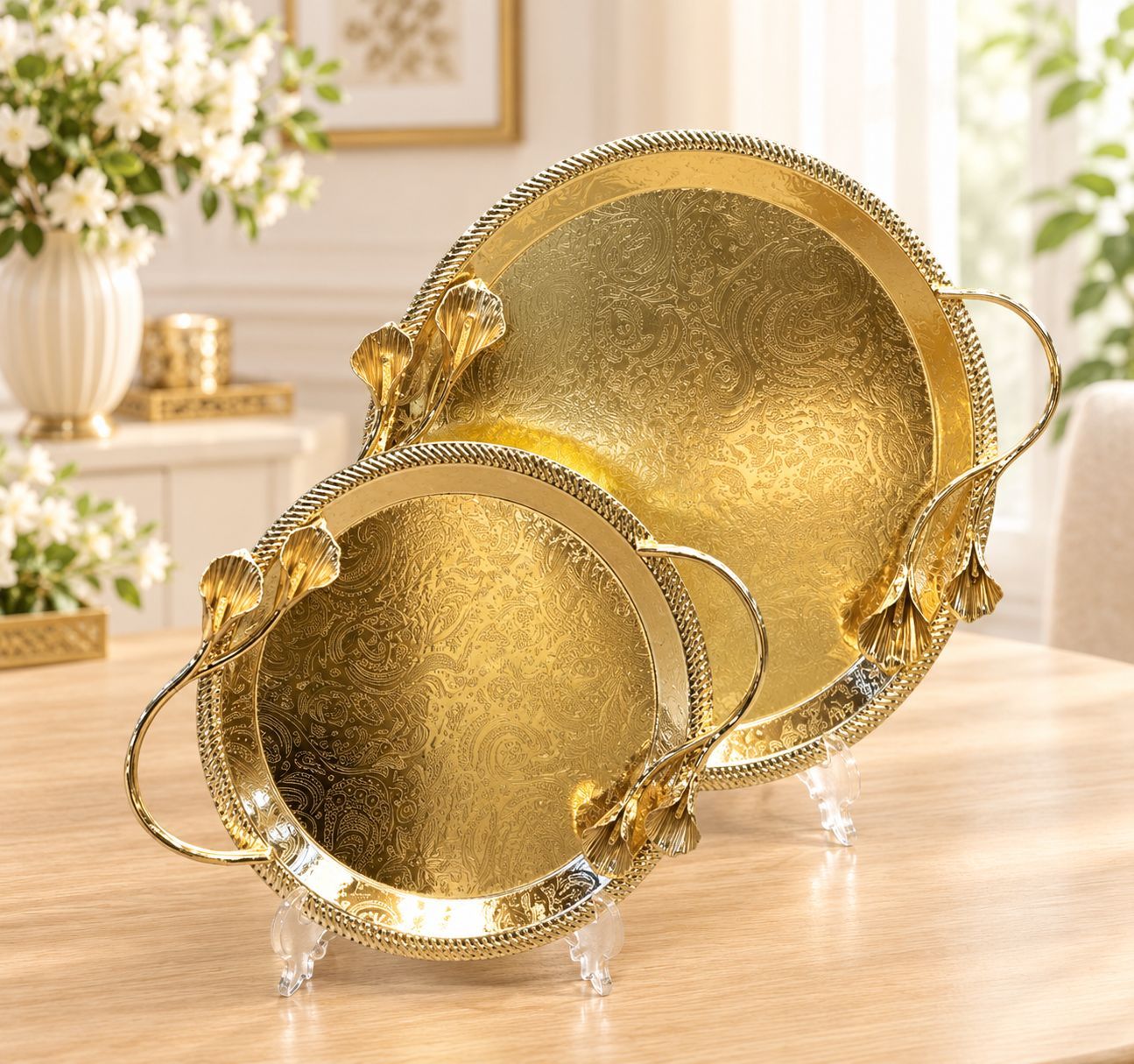 ست سینی گرد/بیضی دسته دار مدل گل شیپوری طلایی کد452