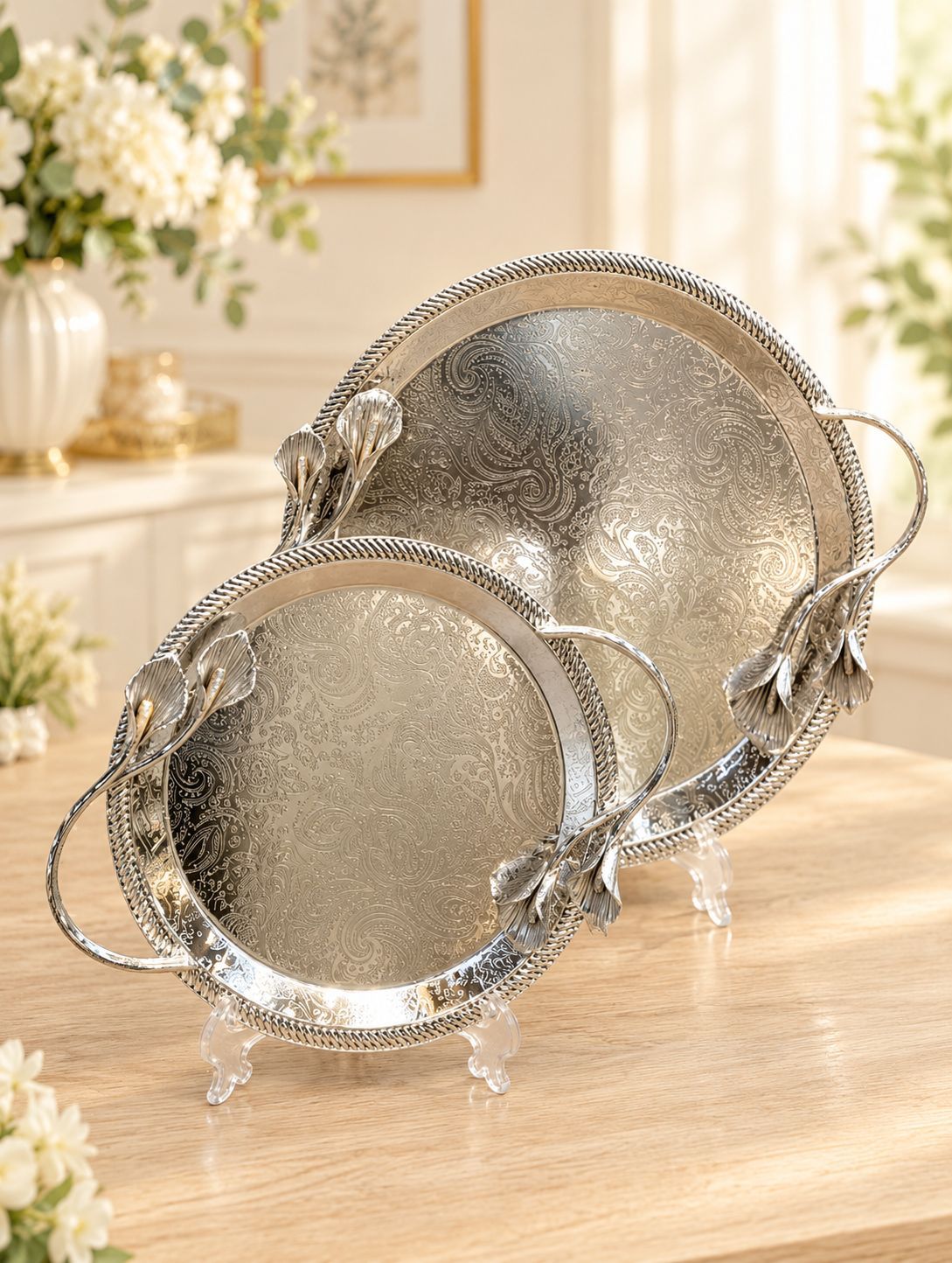ست سینی گرد/بیضی دسته دار مدل گل شیپوری سیلور کد455